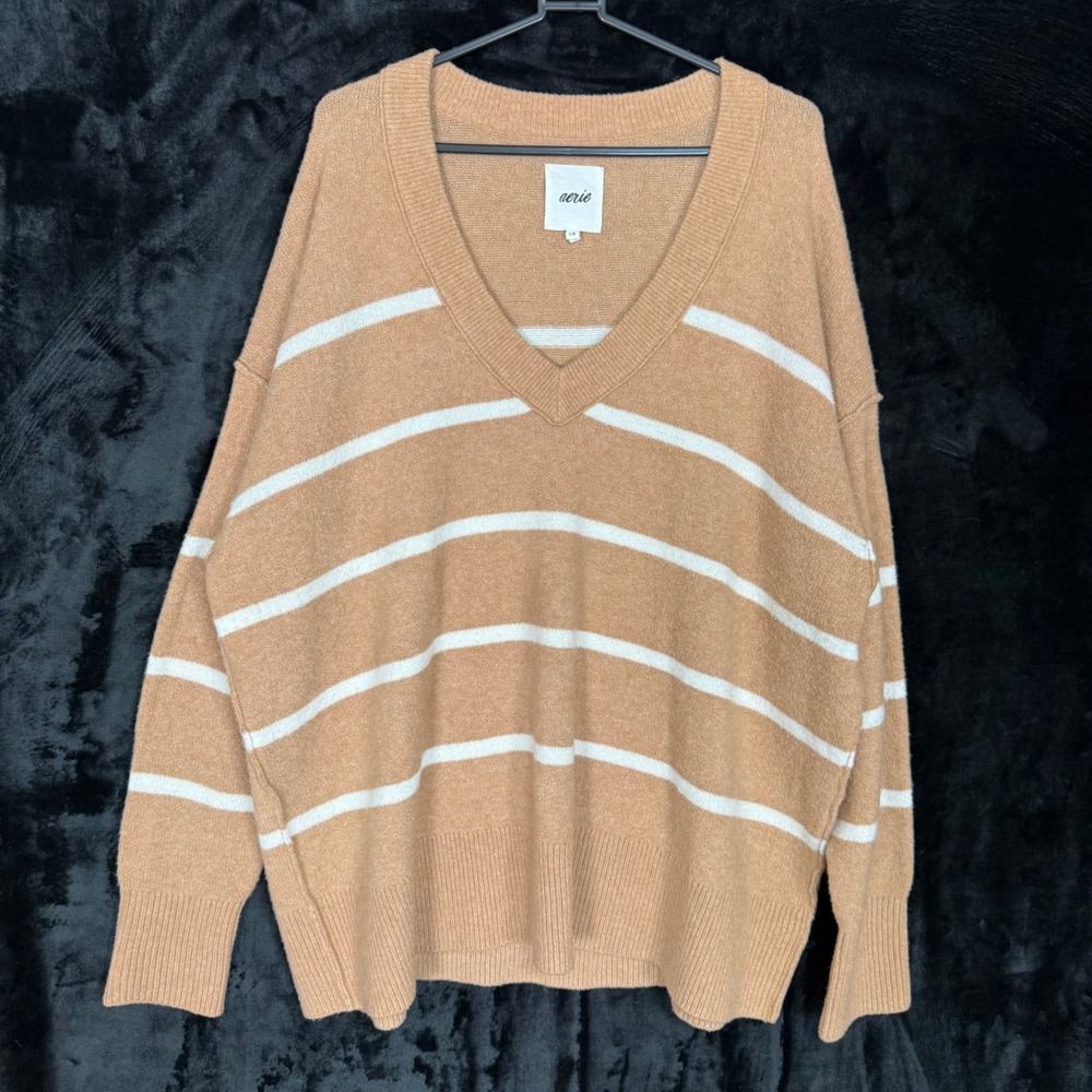 Aerie Women Tan Striped Oversized V-Neck Sweater Size L Cozy Slouchy Knit Soft